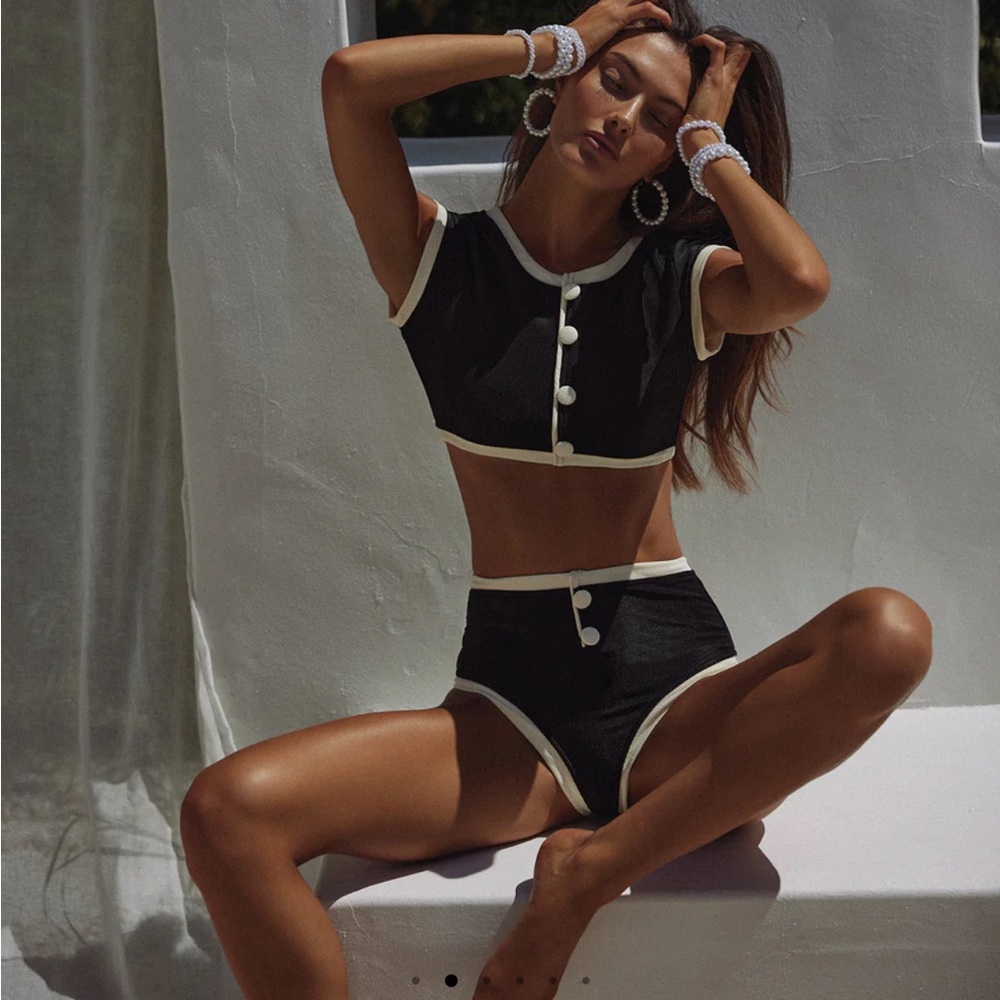 Elegant Black and Cream Buttoned Bikini Set